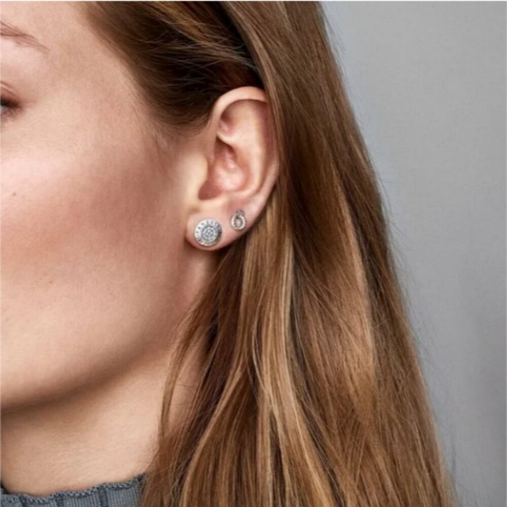 PANDORA Logo AROUND Round STUDS pave crystals center Studs
